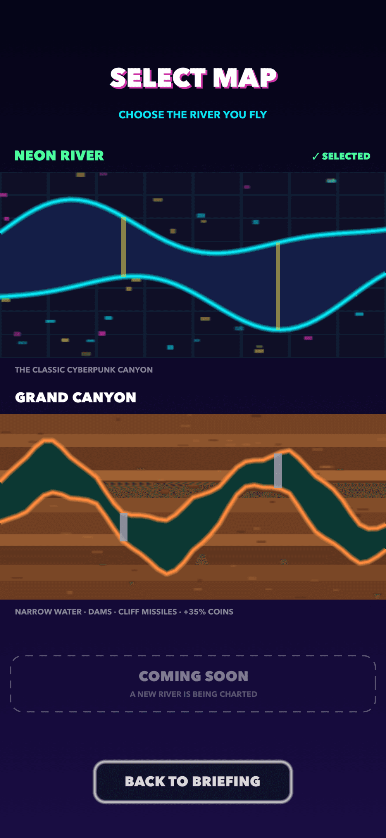 In-game map selection with Neon River, Grand Canyon and Star Run